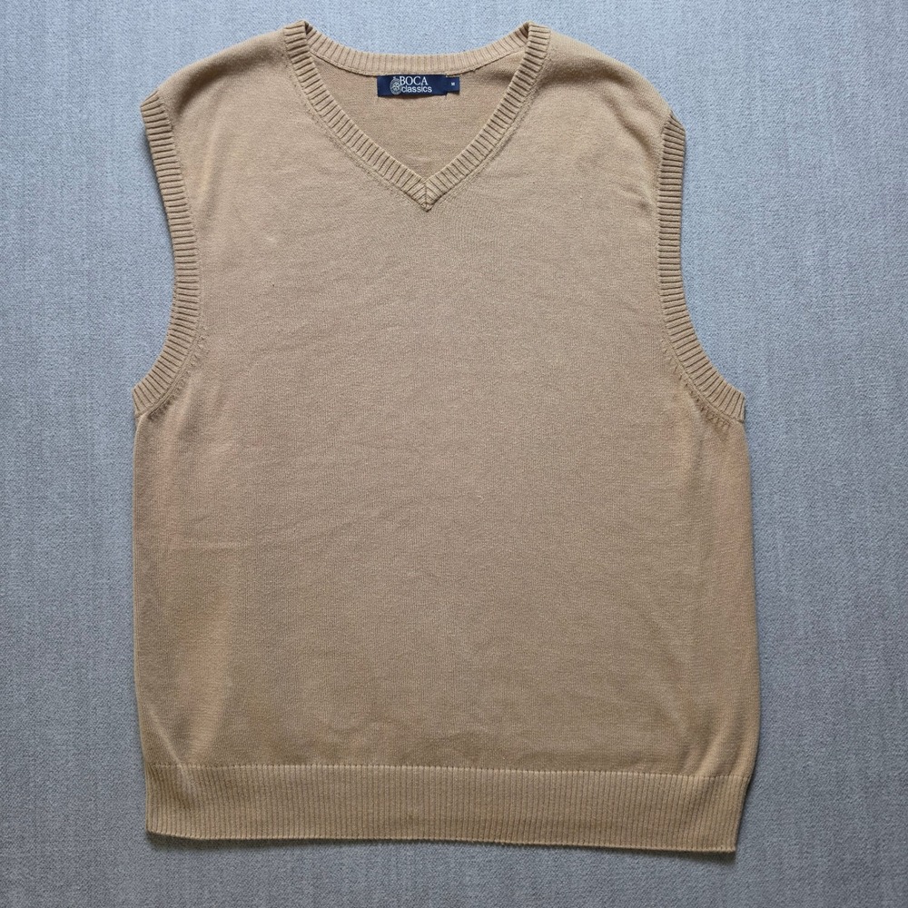 Boca Classics Sweater Vest Men M Tan V-Neck 100% Cotton Ribbed Trim Preppy